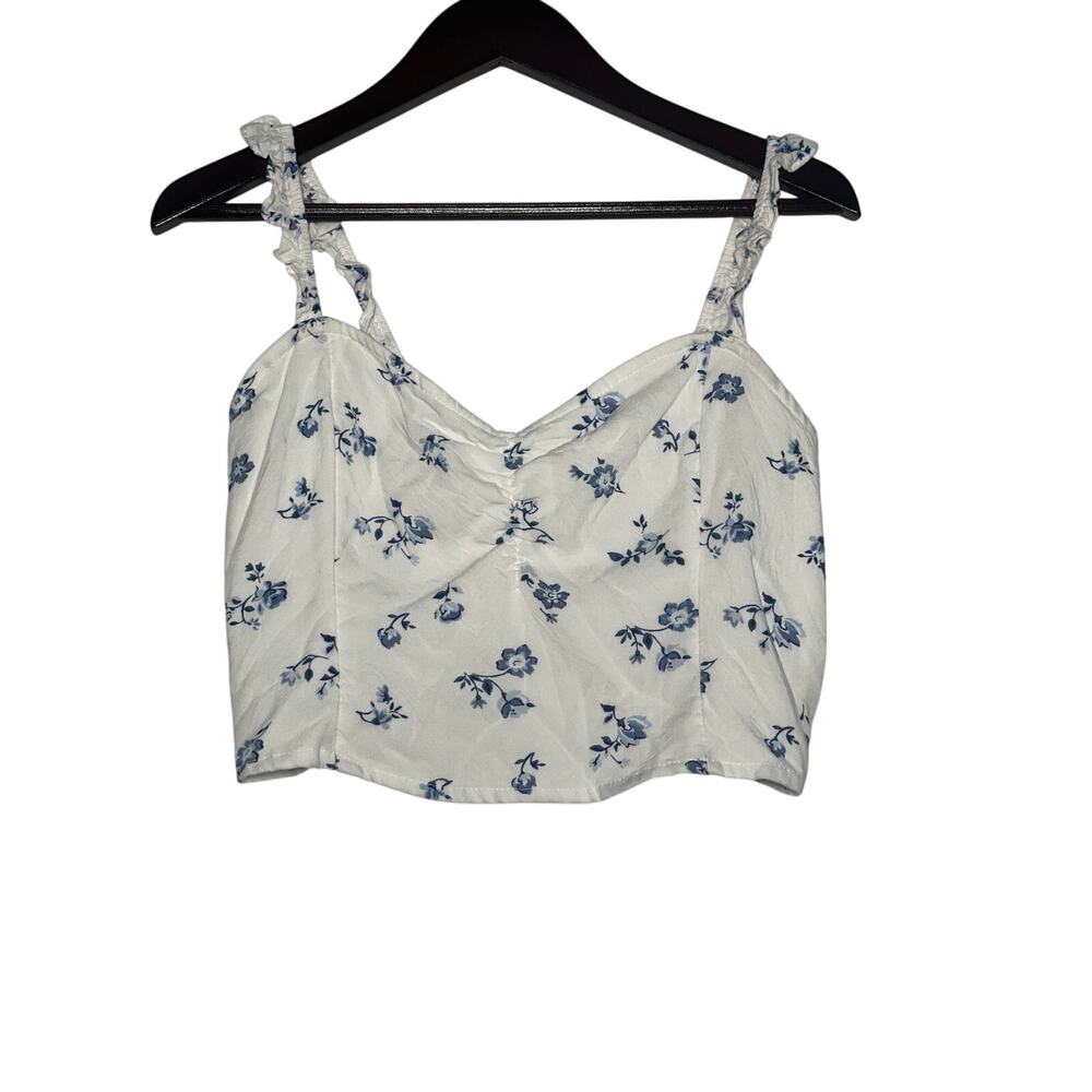 Hollister Tank Top Women's Blue/White Small Floral Cropped Sweetheart Neckline